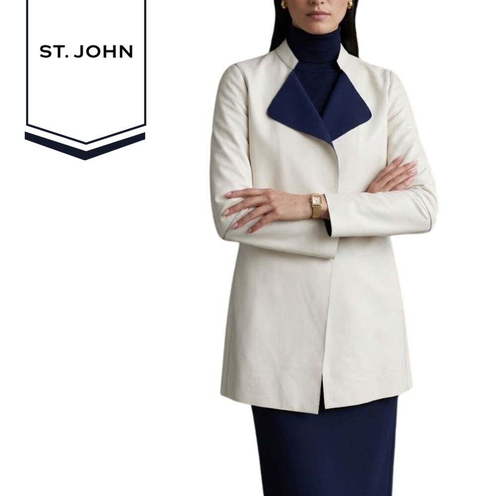 ST JOHN Reversible Leather Long Jacket Alabaster Navy Nautical Sz 10